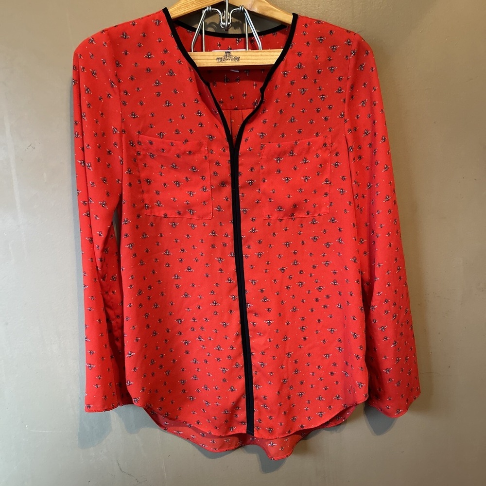 Libby Edelman Bee Print Blouse Top Size XS Red Black